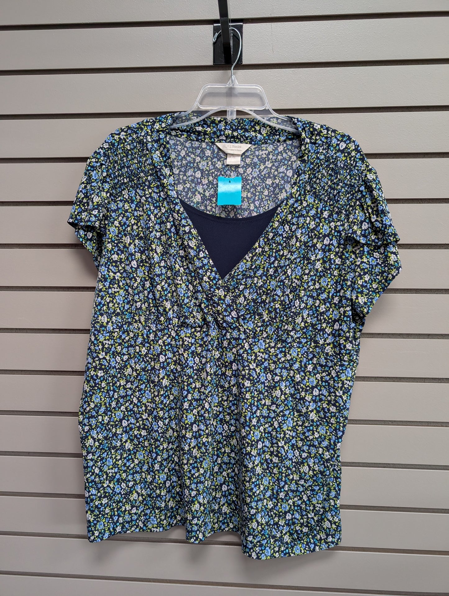 Women's Women Size 2X Navy cj banks Floral V-Neck Short Sleeve Shirt