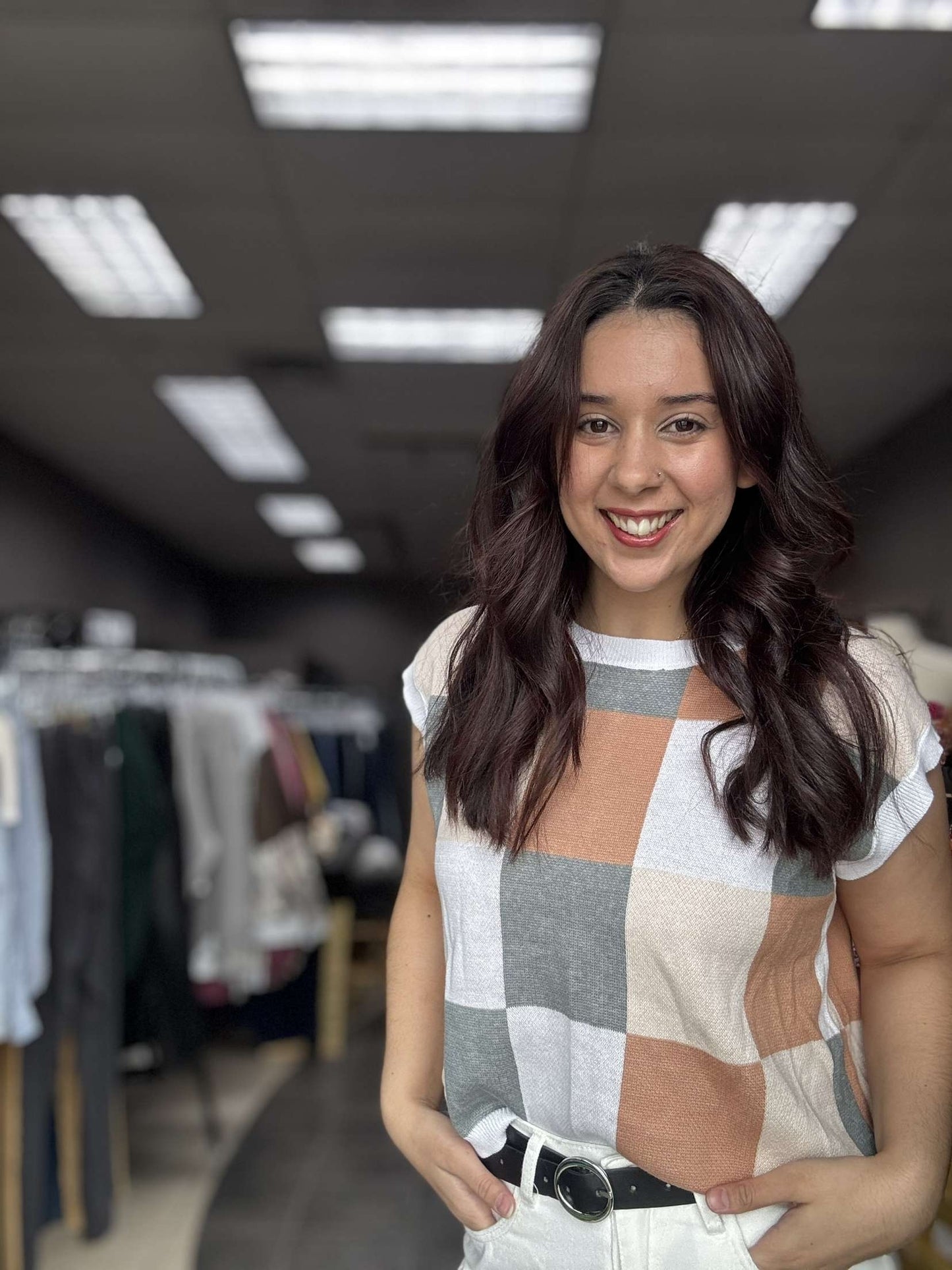 Color Block Checker Print Sweater Crop Tee
