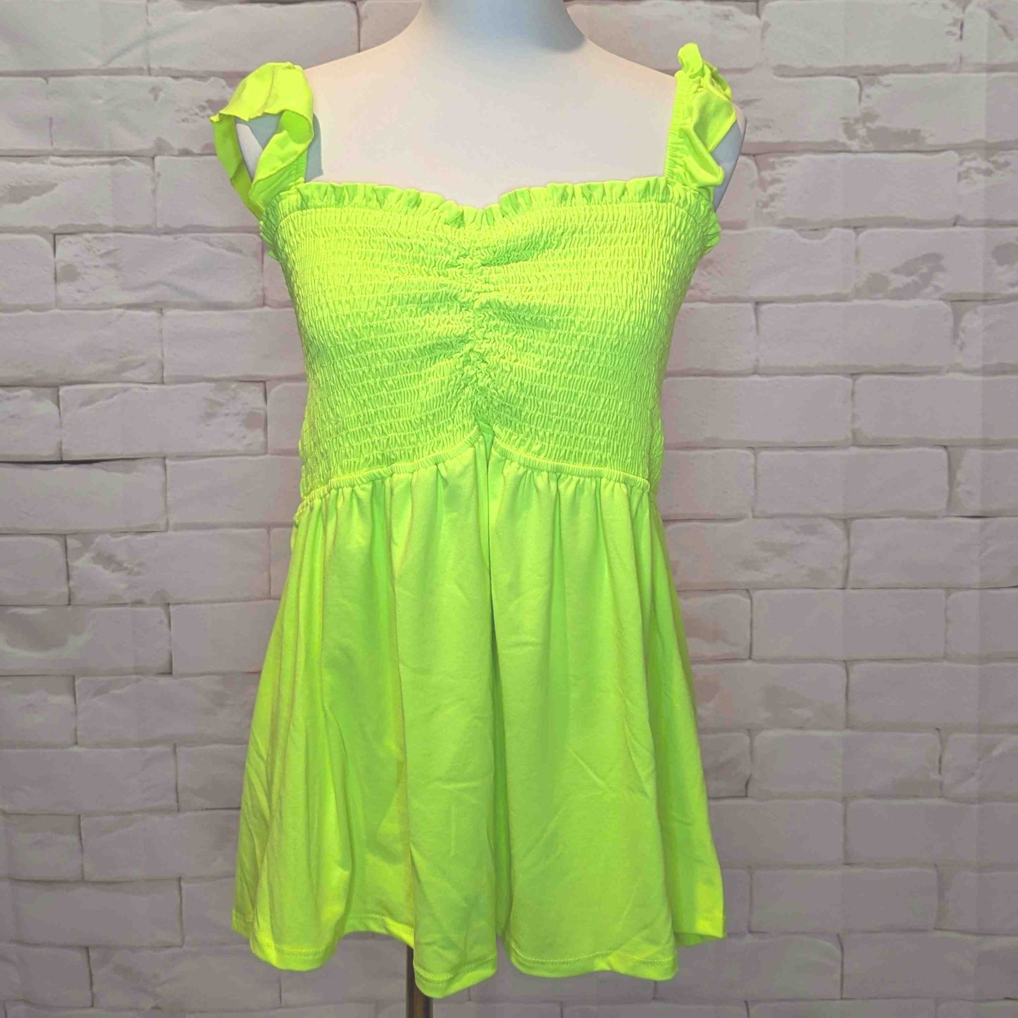 Plus Smocked Ruffle Strap Babydoll Top Neon Lime