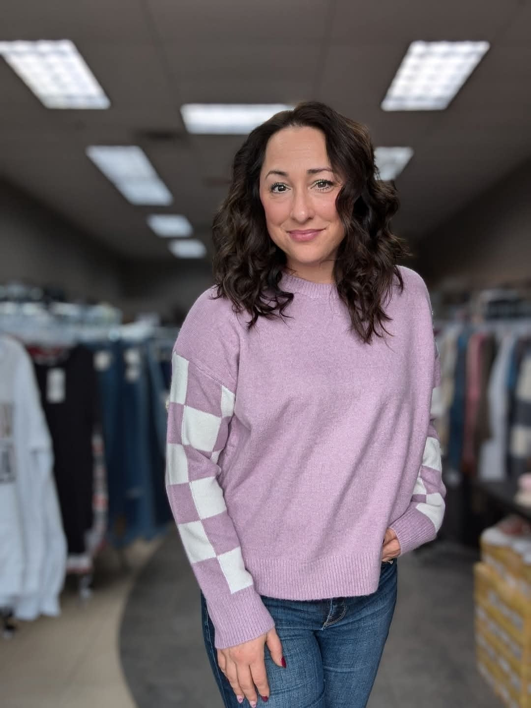 Lavender Checkerboard Sleeve Sweater