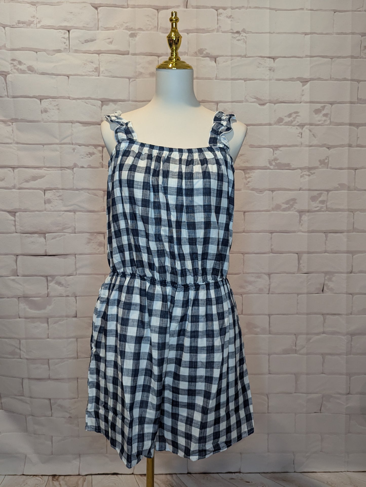Plus Navy Gingham Ruffle Strap Romper
