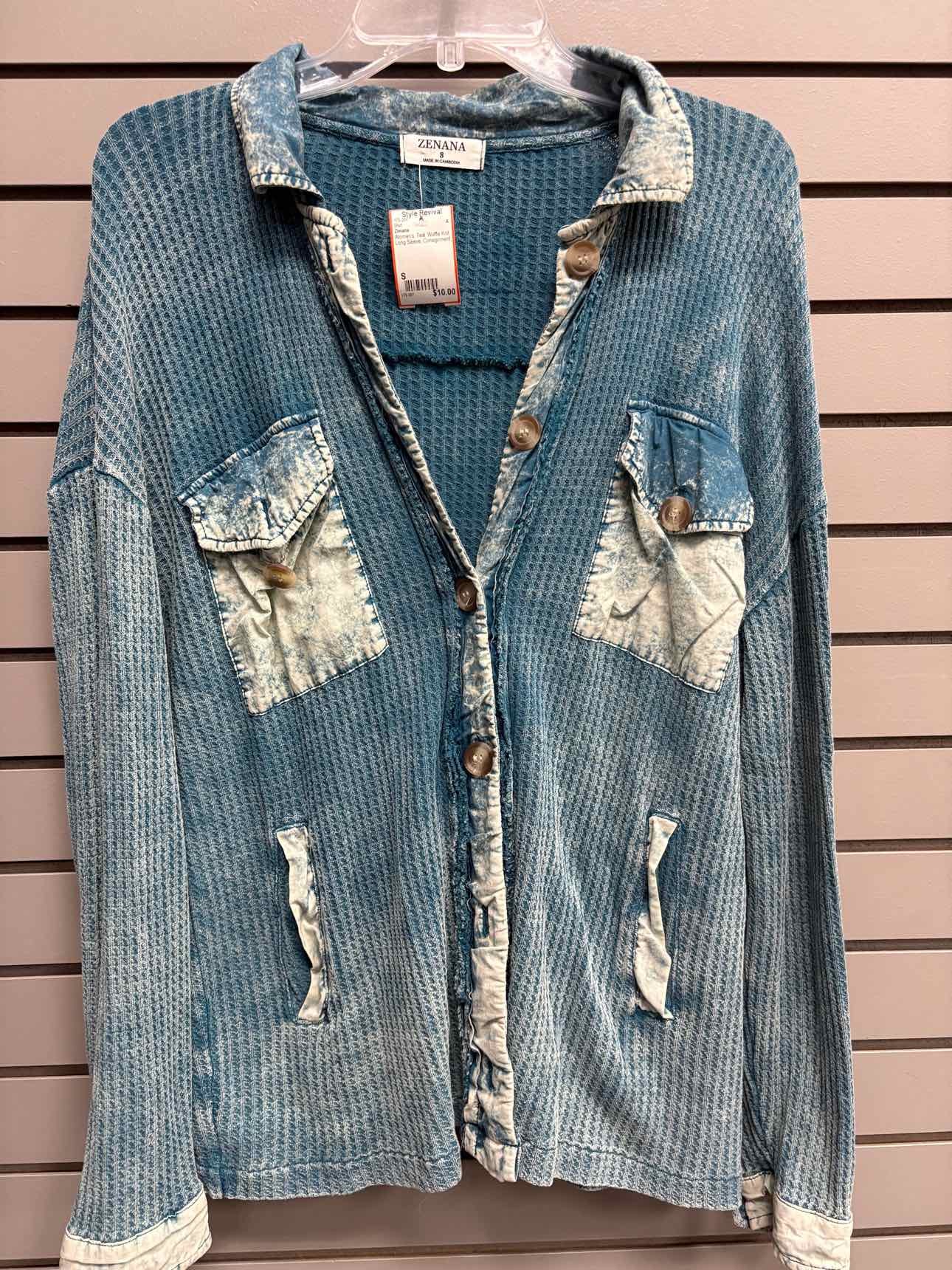 Women's Women Size S Teal Zenana Waffle Knit Long Sleeve Shirt