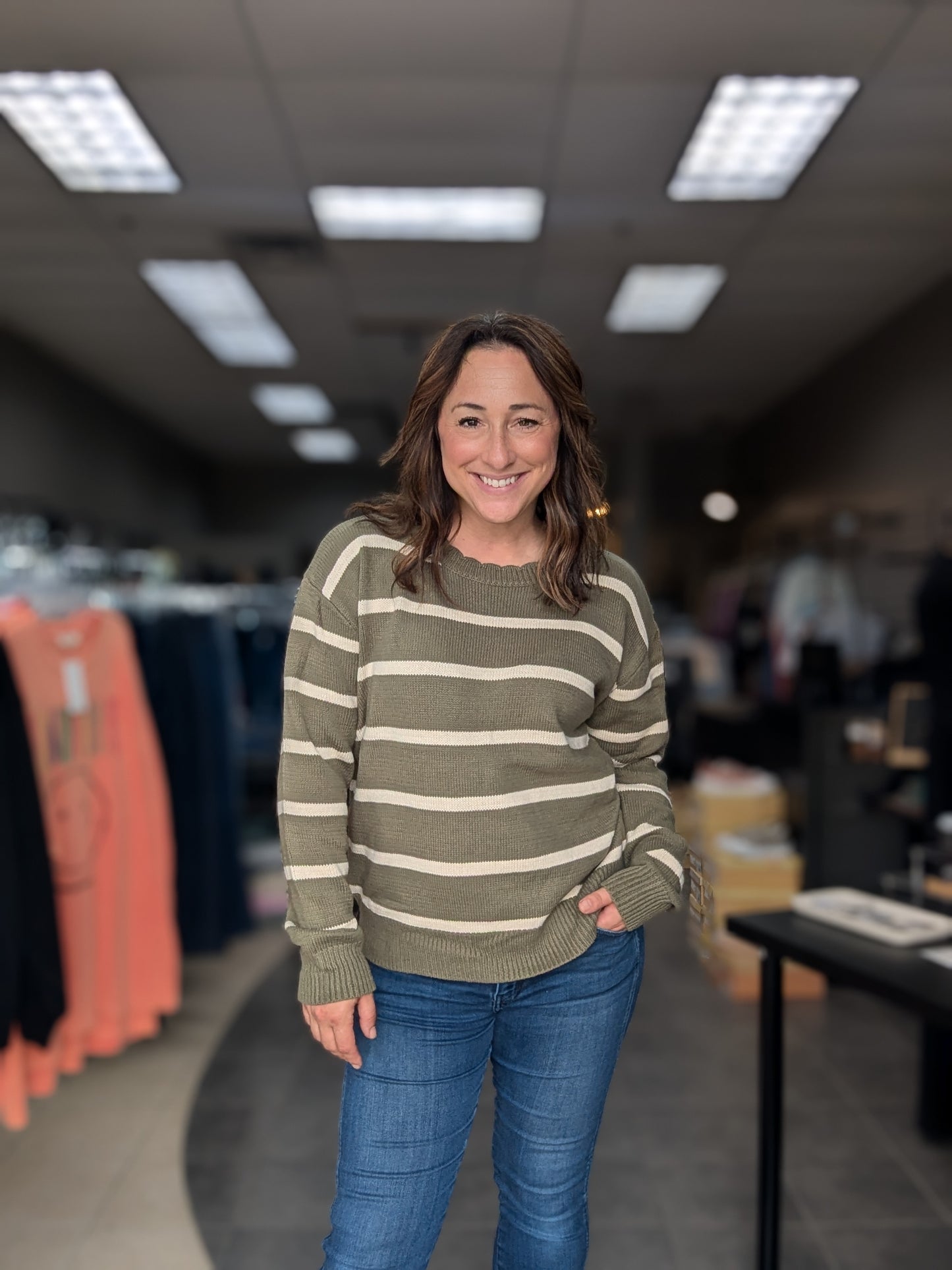 Scallop Neck Striped Sweater - Olive