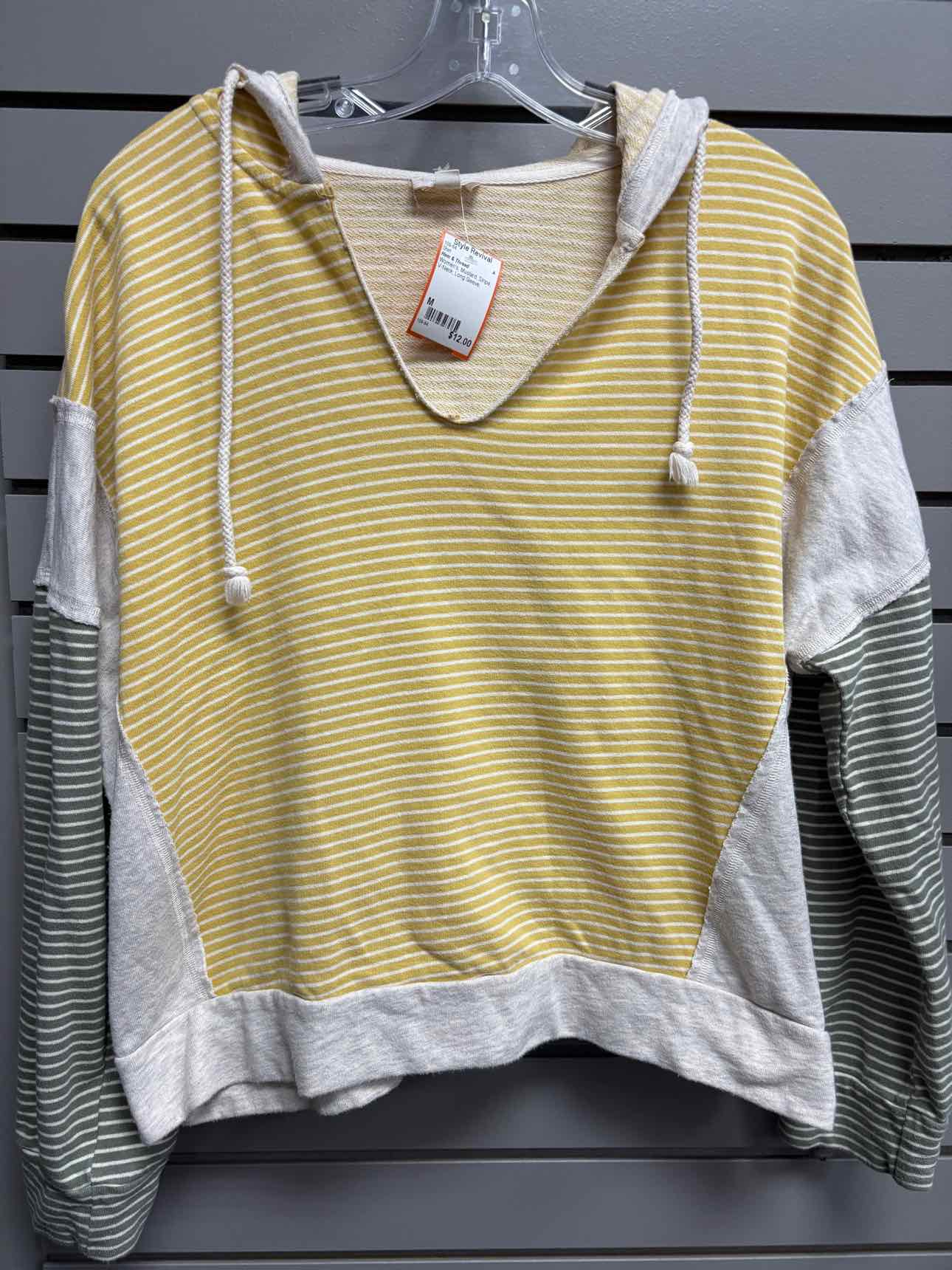 Women's Women Size M Mustard Hem & Thread Stripe V-Neck Long Sleeve Shirt