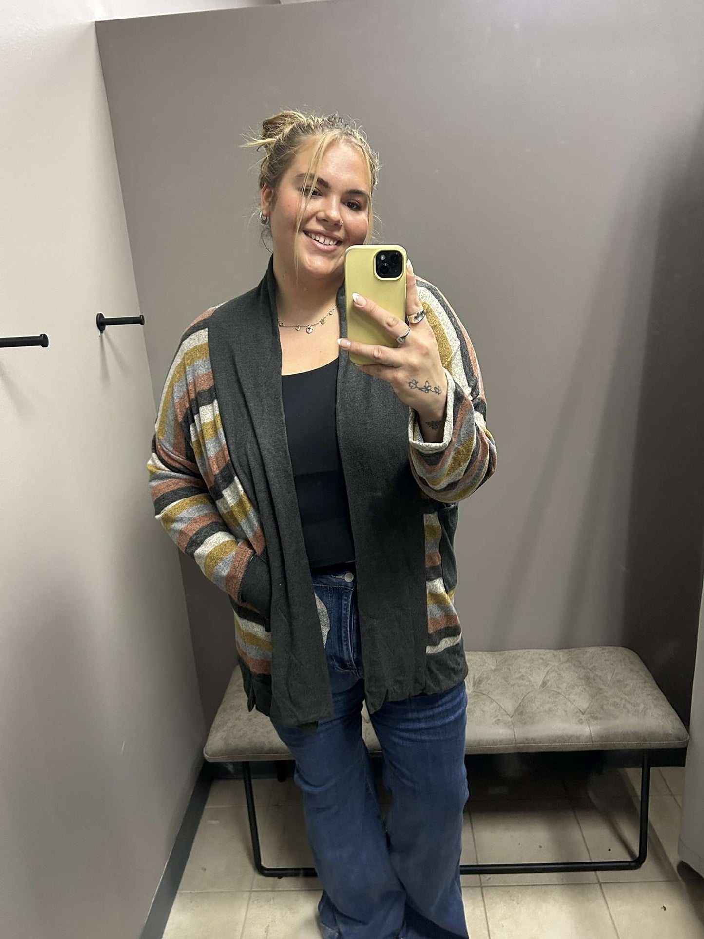 Multi Color Plus Sized Striped Cardigan with Pockets