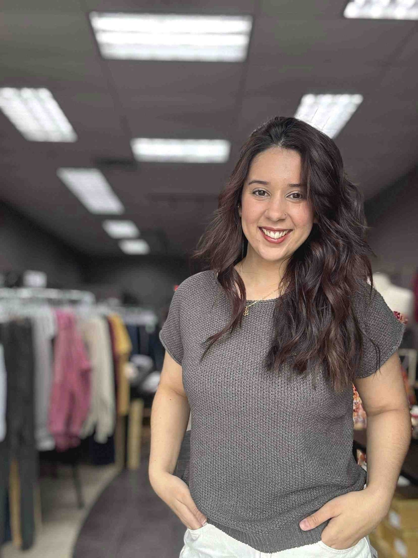 Open Weave Short Sleeve Pullover Sweater