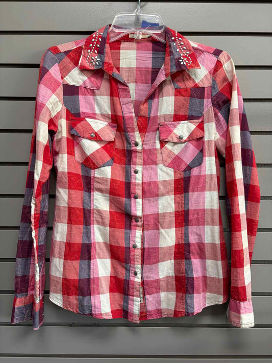 Women's Women Size S Pink Silver Plaid Long Sleeve Shirt