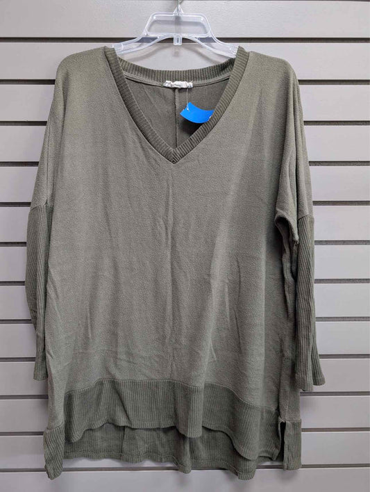 Women's Women Size L Army Green Pink Rose V-Neck Long Sleeve Sweater