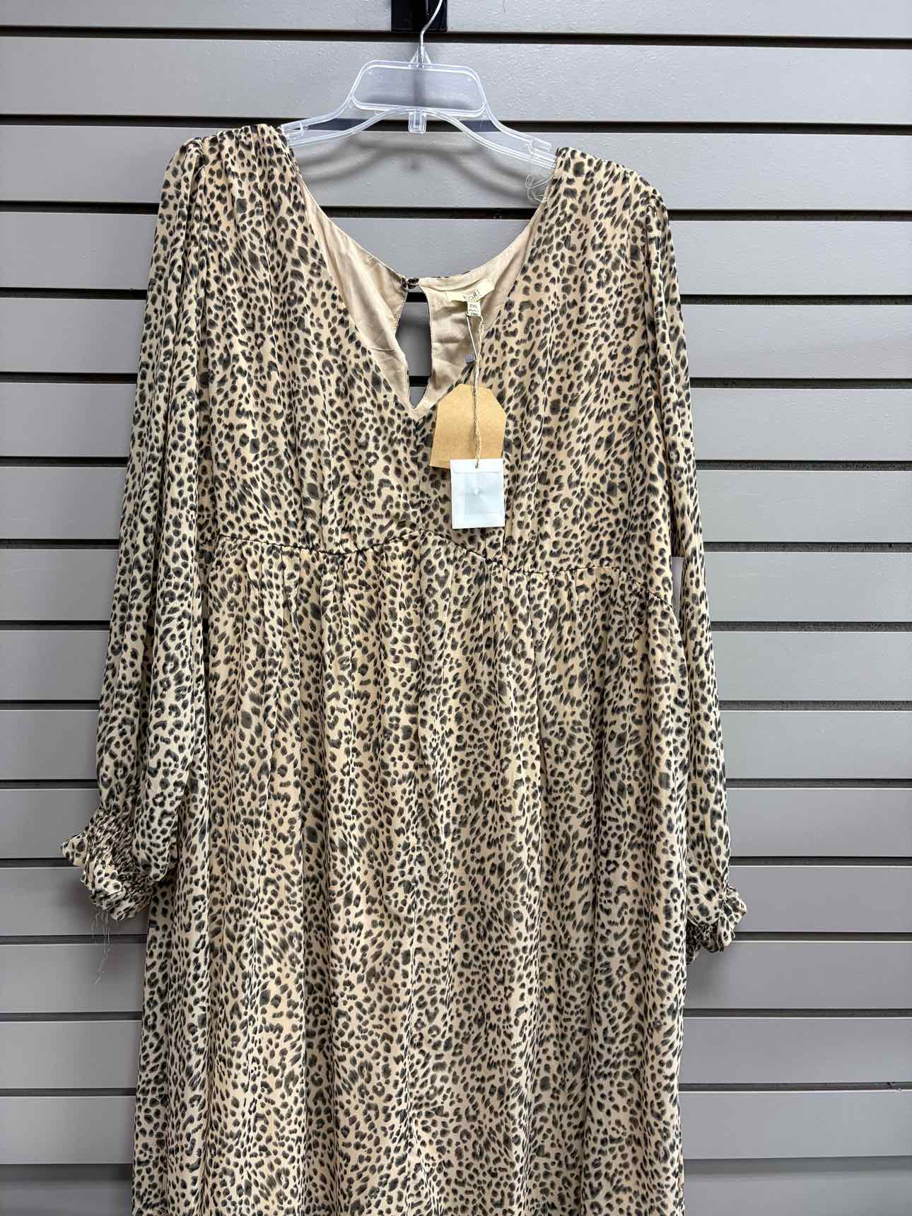 Women's Size 2X Tan Kori Long Sleeve Cheetah Midi Dress