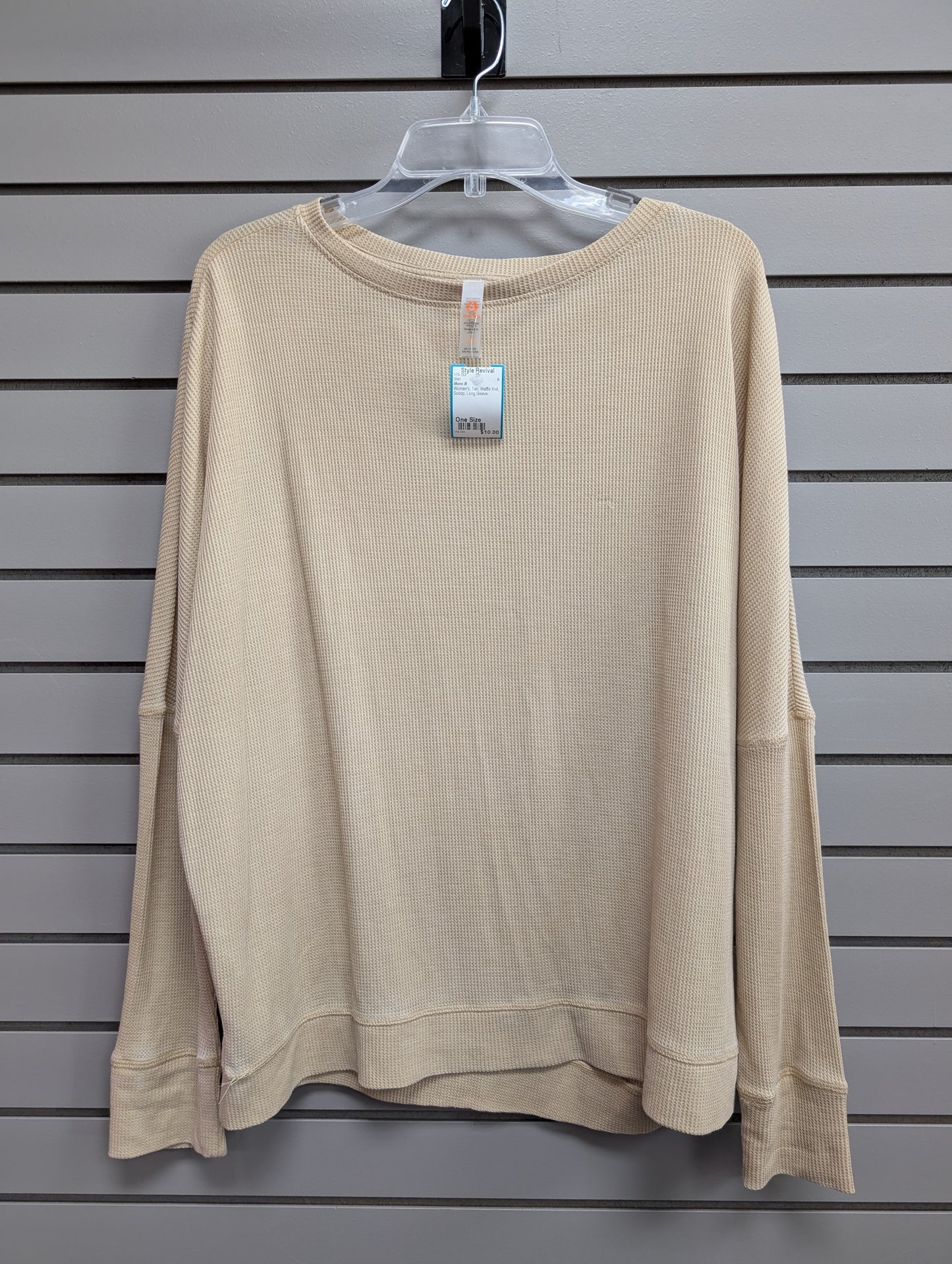 Women's Women Size One Size Tan Mono B Waffle Knit Scoop Long Sleeve Shirt