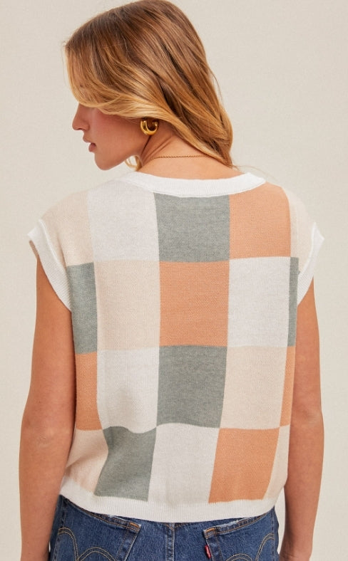 Color Block Checker Print Sweater Crop Tee