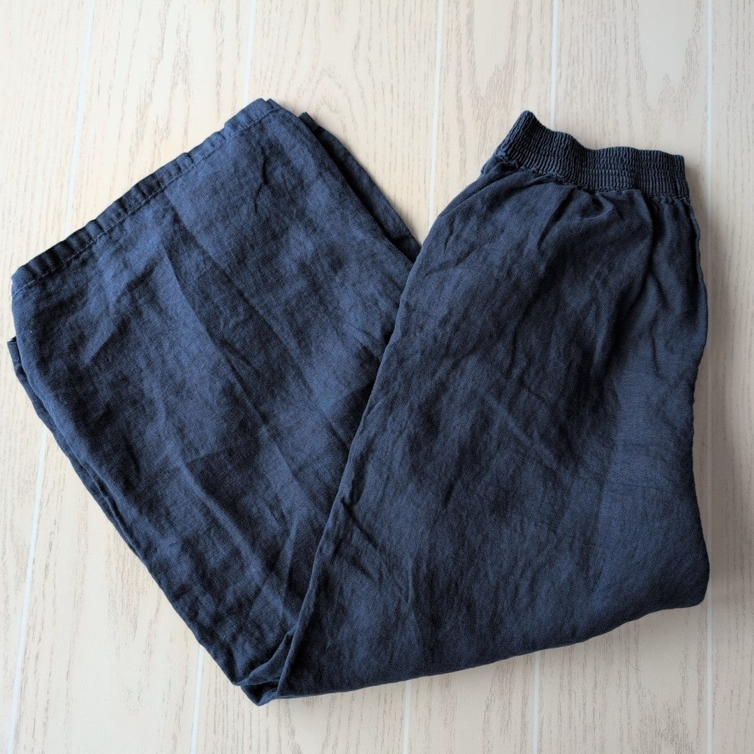 Women's Waist Size L tahari Navy Linen Wide Leg Pant