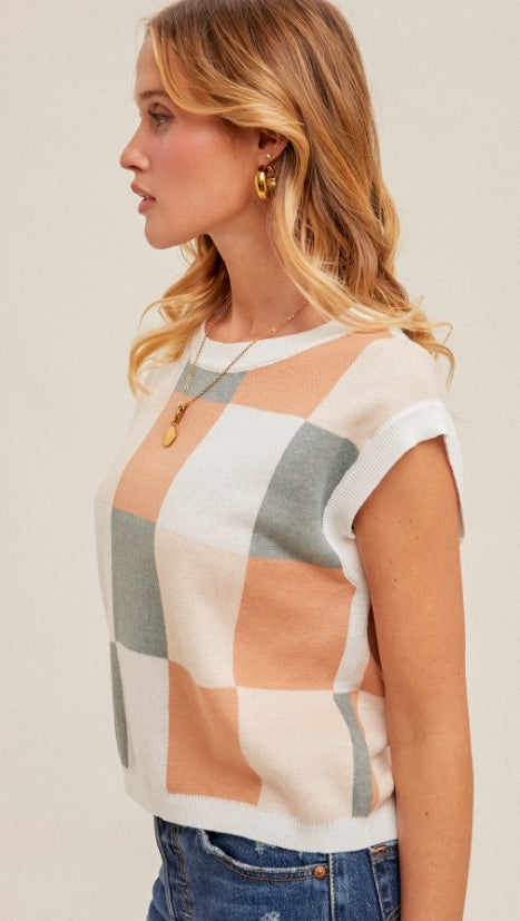 Color Block Checker Print Sweater Crop Tee