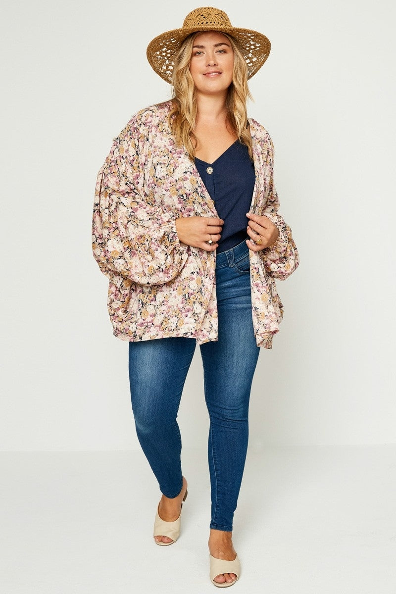 Floral Ruched Plus Size Cardigan