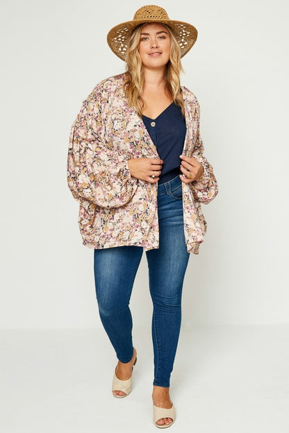 Floral Ruched Plus Size Cardigan