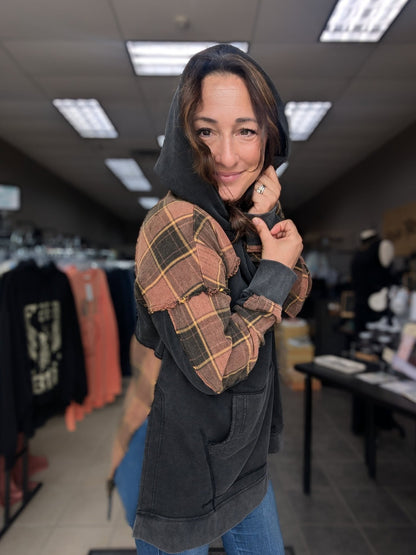 Plus Size Tunic Length Plaid Combo Hoodie