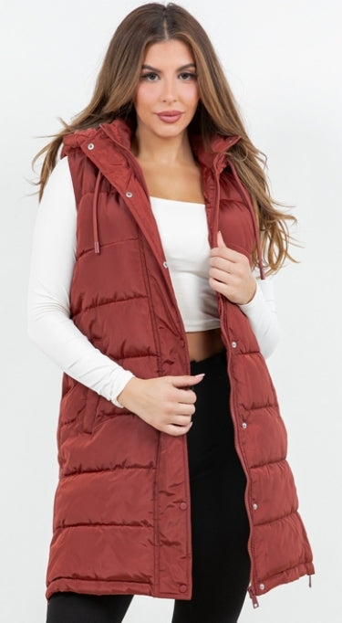 Side-Zip Long Puffer Vest -Brick