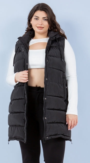 Side-Zip Long Puffer Vest - Black