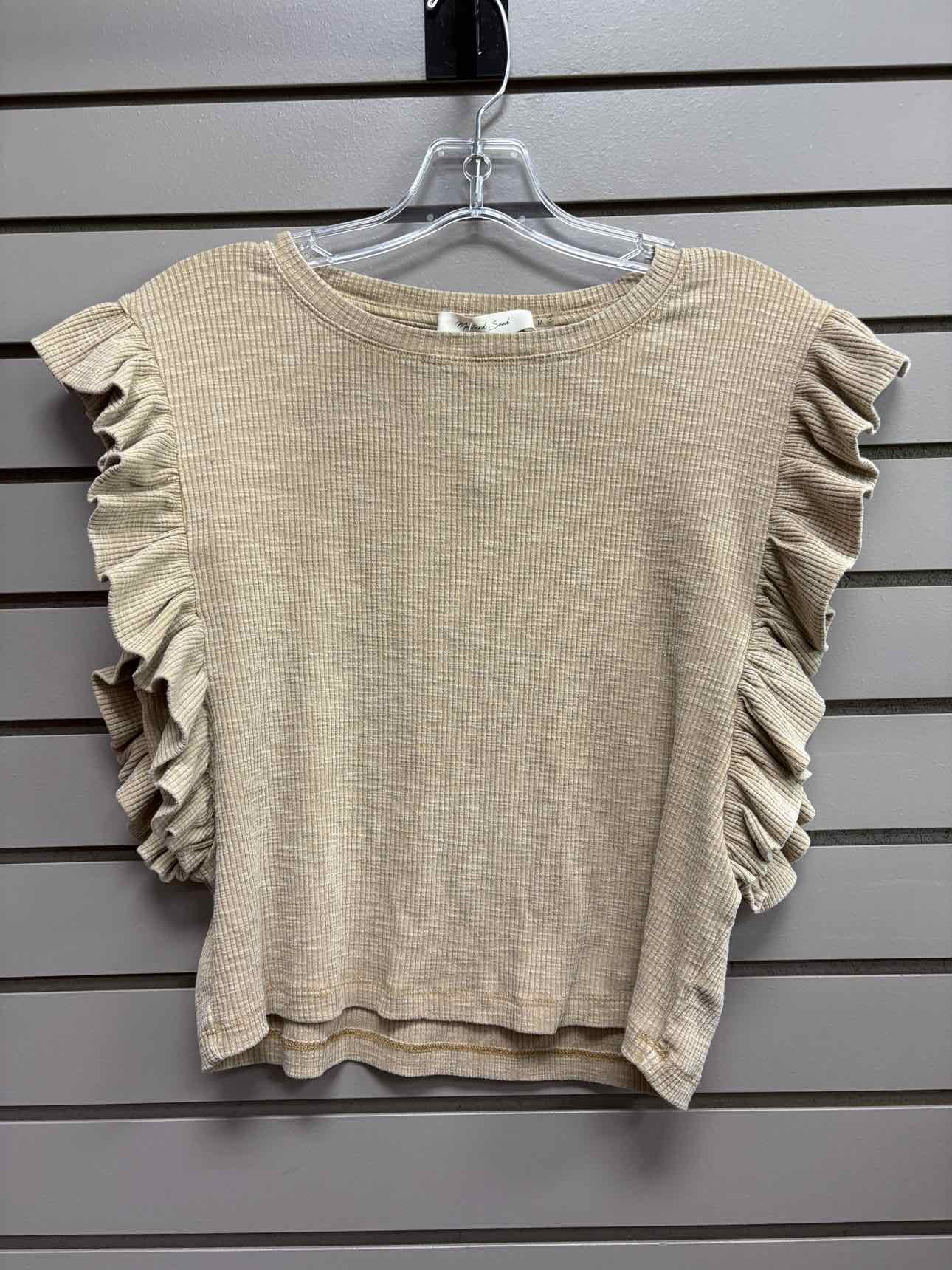 Women's Women Size M Beige Mustard Seed Ribbed Crew Short Sleeve Shirt