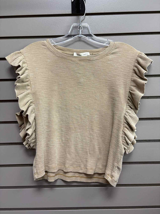Women's Women Size M Beige Mustard Seed Ribbed Crew Short Sleeve Shirt