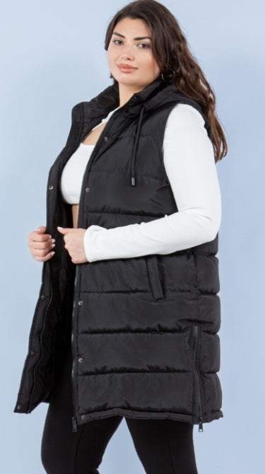 Side-Zip Long Puffer Vest - Black
