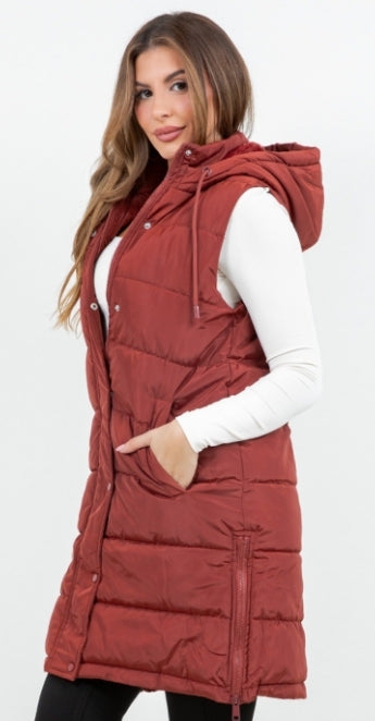 Side-Zip Long Puffer Vest -Brick