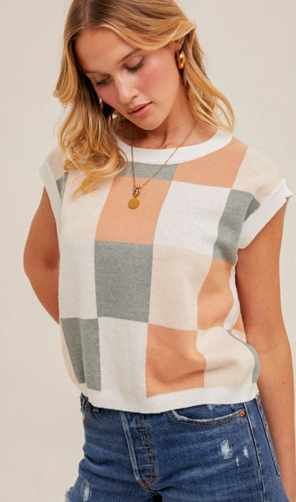 Color Block Checker Print Sweater Crop Tee