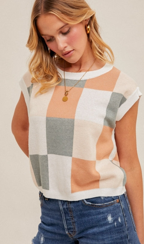 Color Block Checker Print Sweater Crop Tee