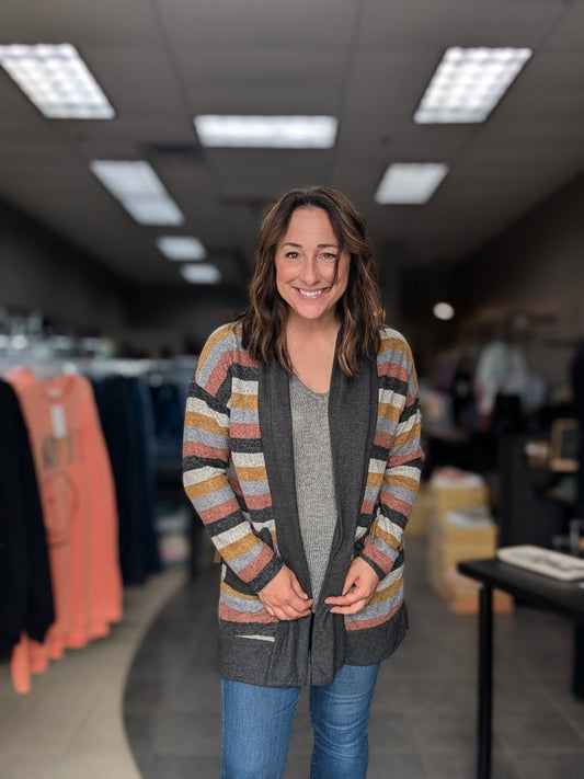 Multi Color Plus Sized Striped Cardigan with Pockets