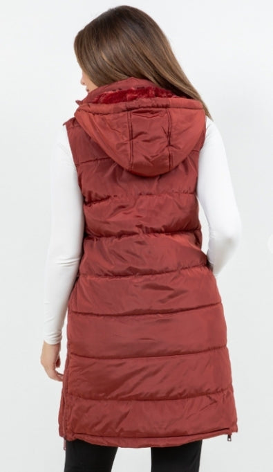 Side-Zip Long Puffer Vest -Brick