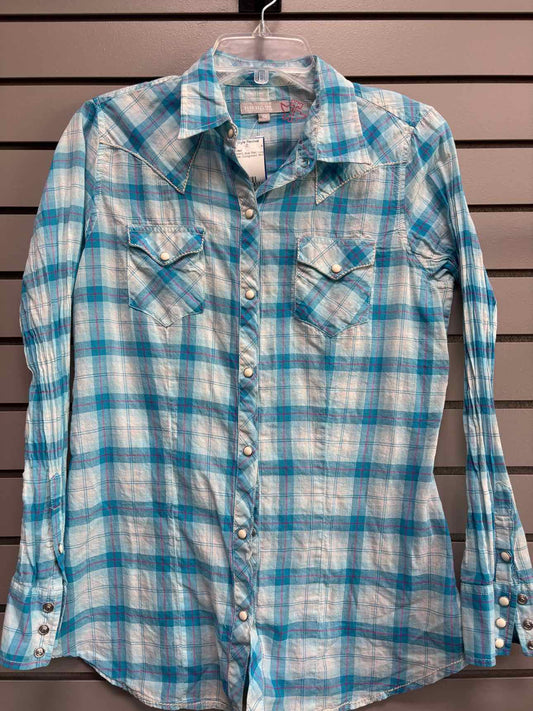 Women's Women Size M Blue Tin Haul Plaid Long Sleeve Shirt