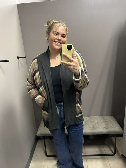 Multi Color Plus Sized Striped Cardigan with Pockets