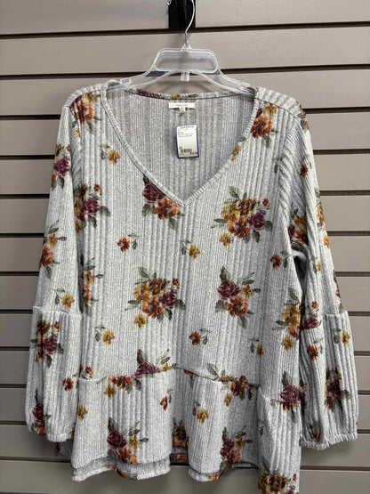 Women's Women Size 2X Gray Maurices Floral V-Neck Long Sleeve Shirt
