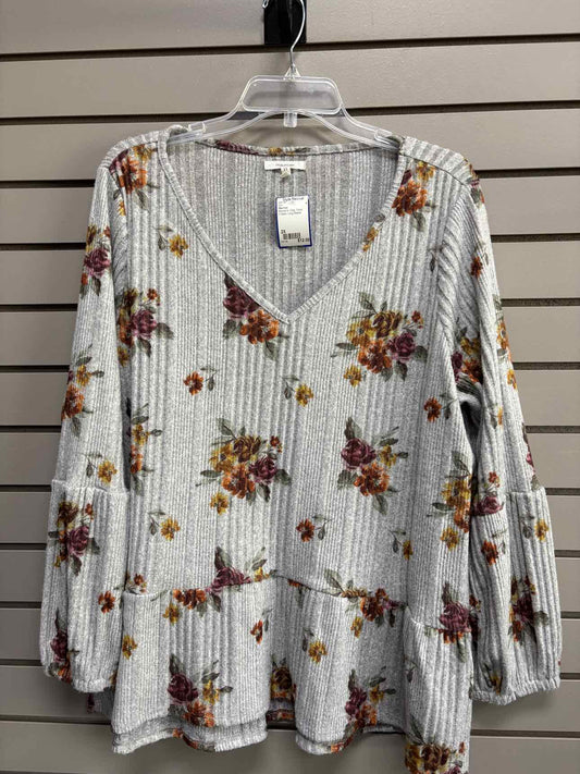 Women's Women Size 2X Gray Maurices Floral V-Neck Long Sleeve Shirt