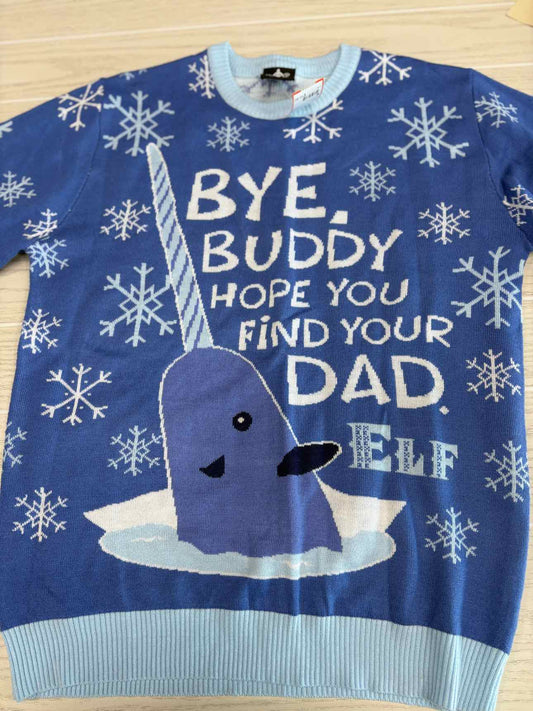 Unisex Size M Blue Elf Crew Long Sleeve Sweater