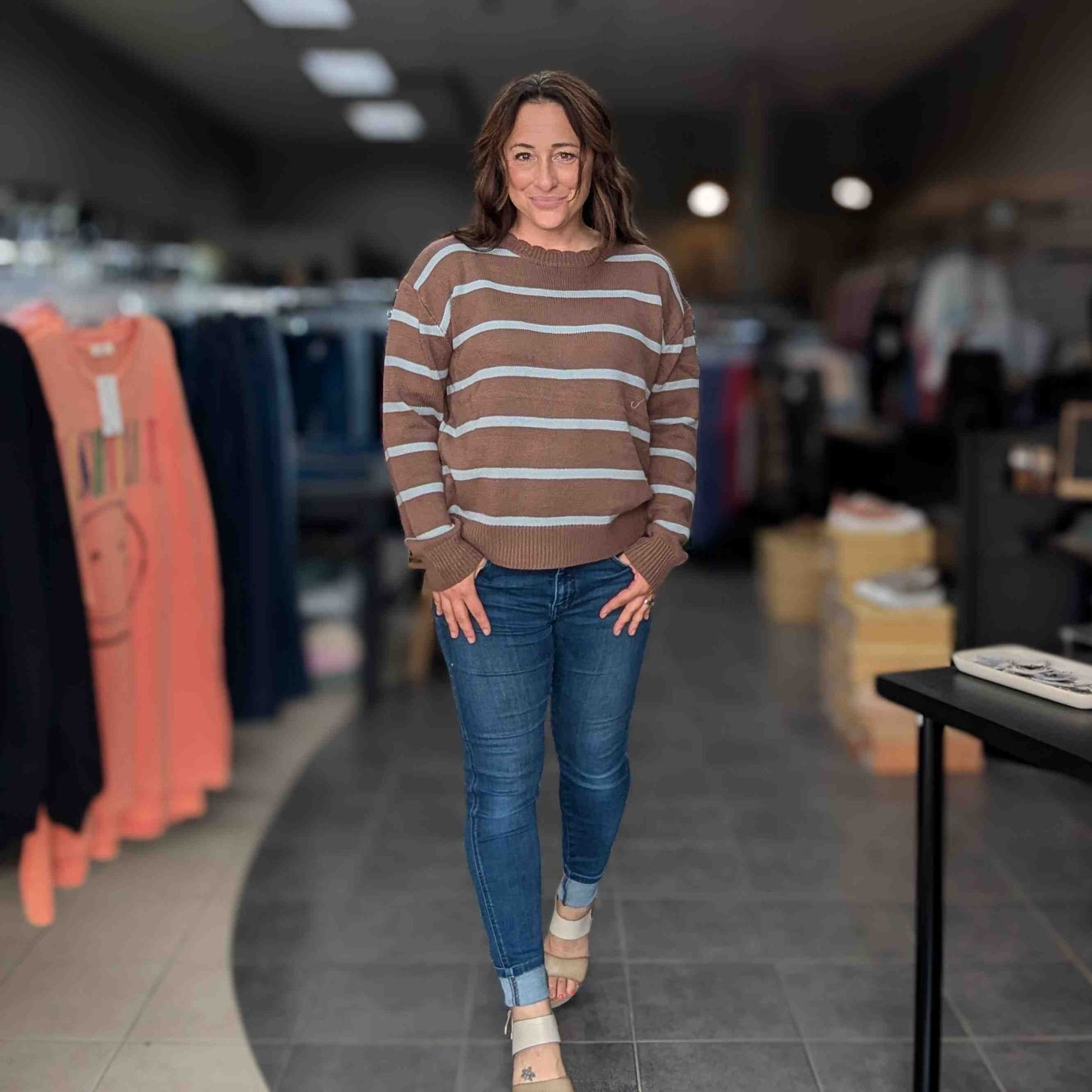 Scallop Neck Striped Sweater - Cocoa