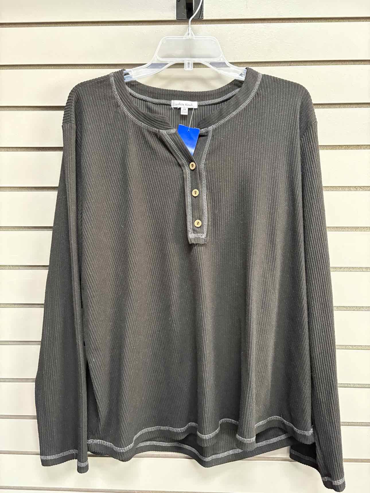 Women's Women Size 2X Black White Birch Ribbed Scoop Long Sleeve Shirt