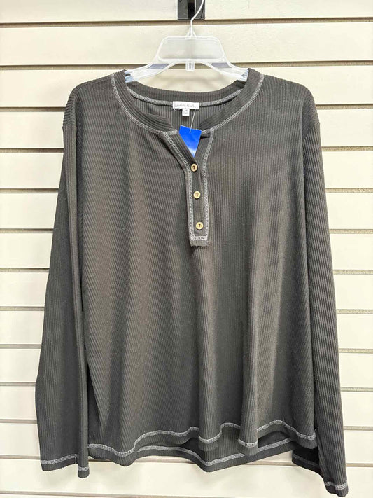 Women's Women Size 2X Black White Birch Ribbed Scoop Long Sleeve Shirt