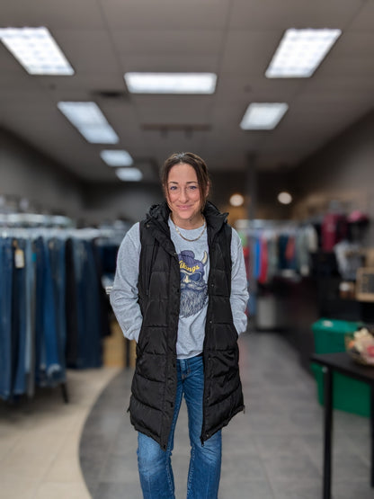 Plus Size Side-Zip Long Puffer Vest - Black