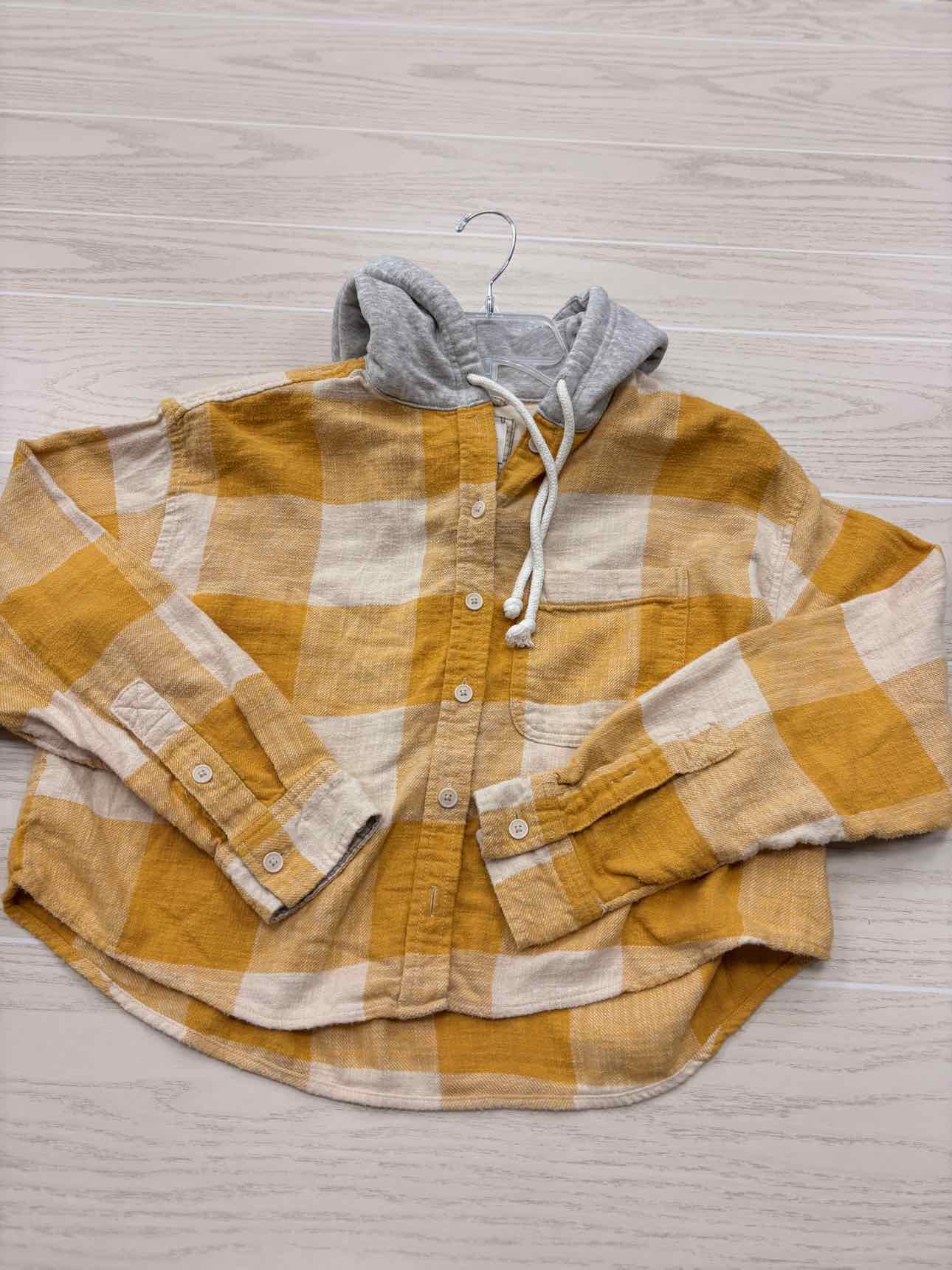 Women's Women Size S Mustard American Eagle Plaid Hooded Long Sleeve Shirt