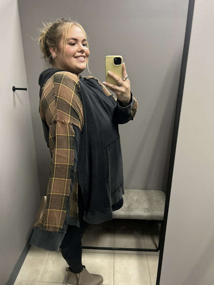 Plus Size Tunic Length Plaid Combo Hoodie