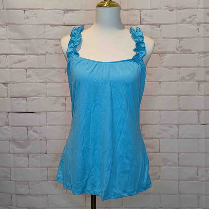 Plus Ruffle Strap Ribbed Tank - Sky Blue