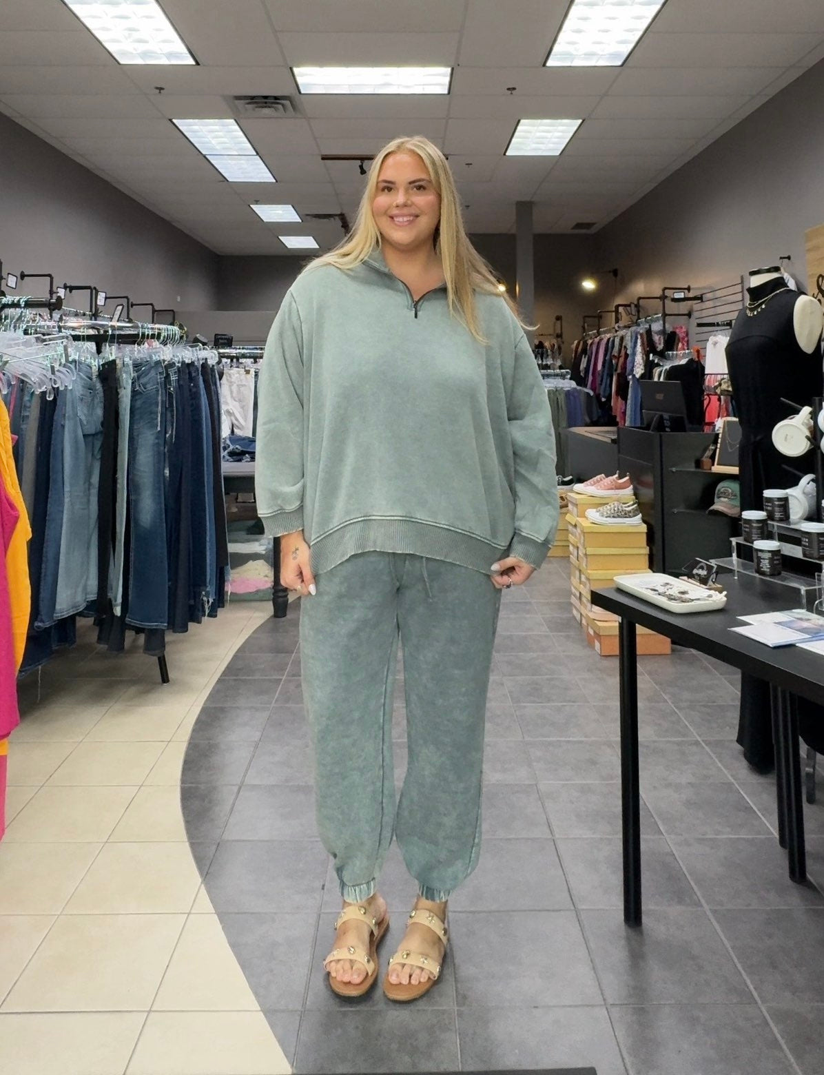 Plus Size Ash Jade Acid Wash Half Zip
