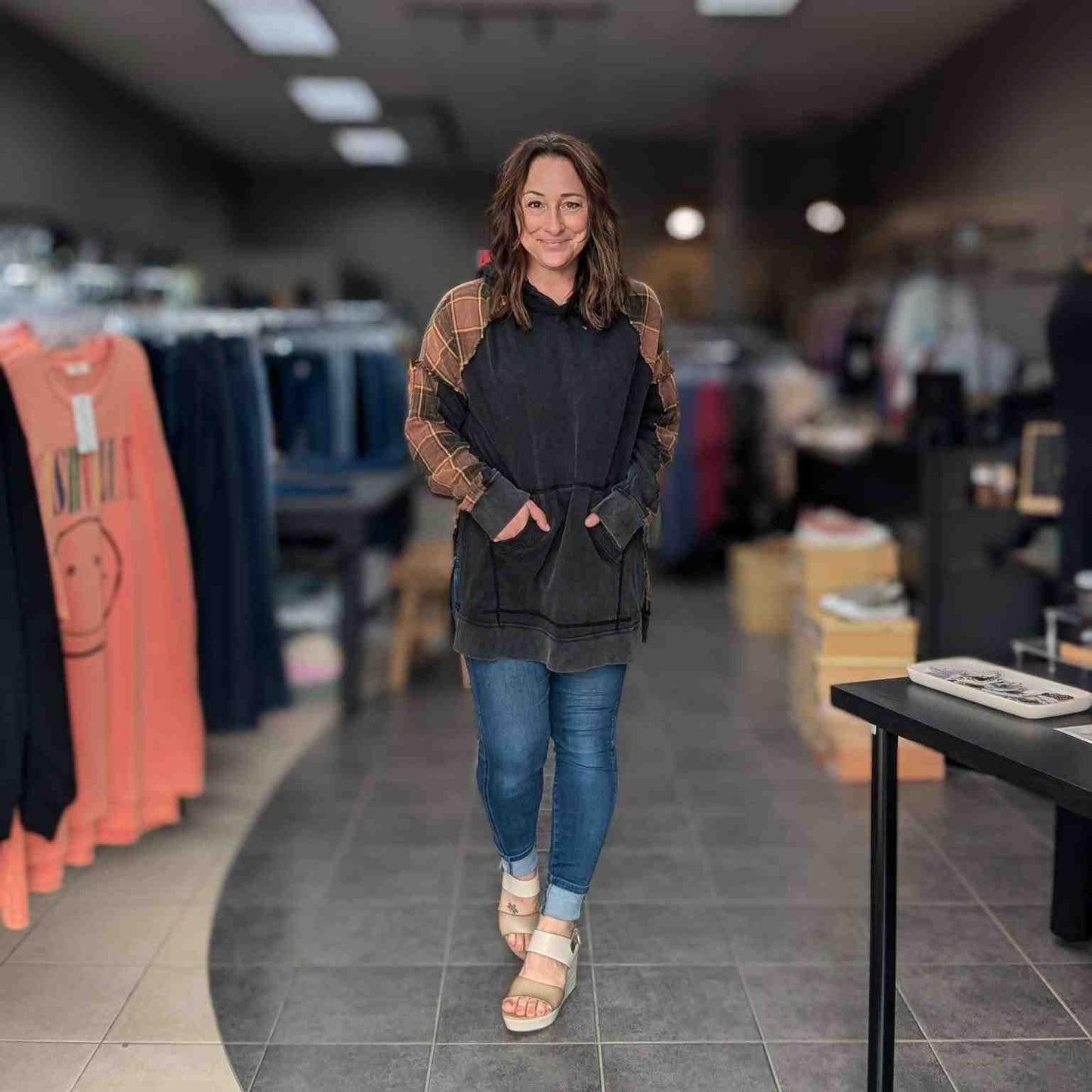 Plus Size Tunic Length Plaid Combo Hoodie