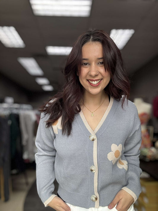 Flower Motif Knit Crop Cardigan