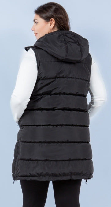 Plus Size Side-Zip Long Puffer Vest - Black
