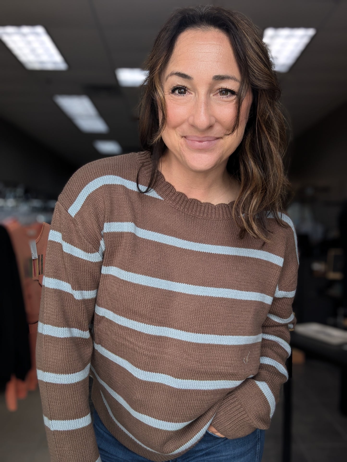 Scallop Neck Striped Sweater - Cocoa