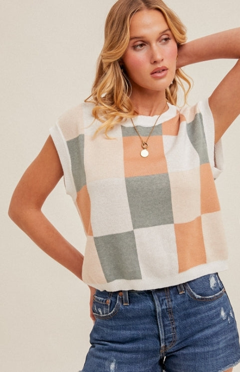 Color Block Checker Print Sweater Crop Tee